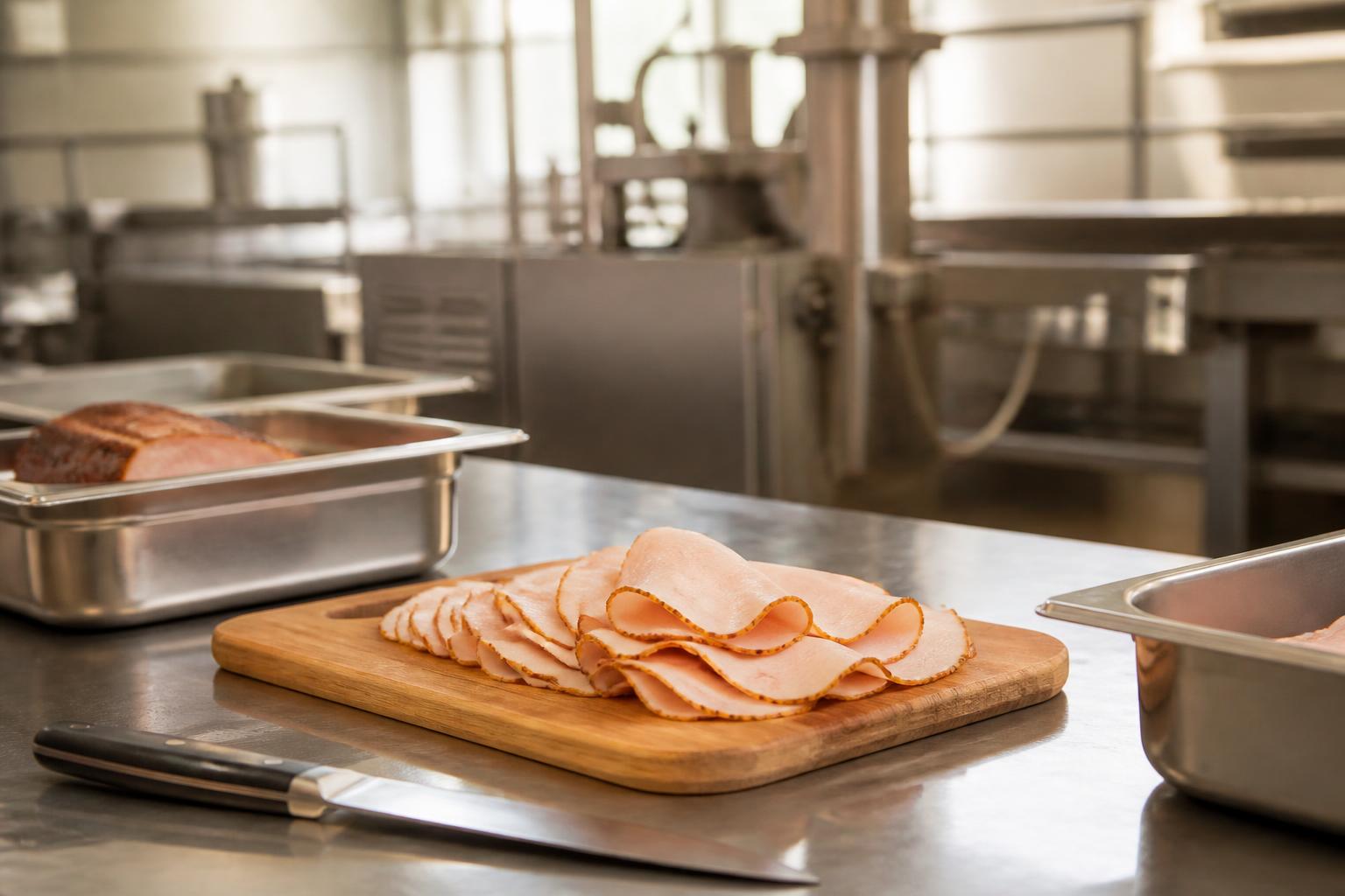 Plan de travail de l'atelier Al Jadid à Sarcelles avec tranches de charcuterie de volaille