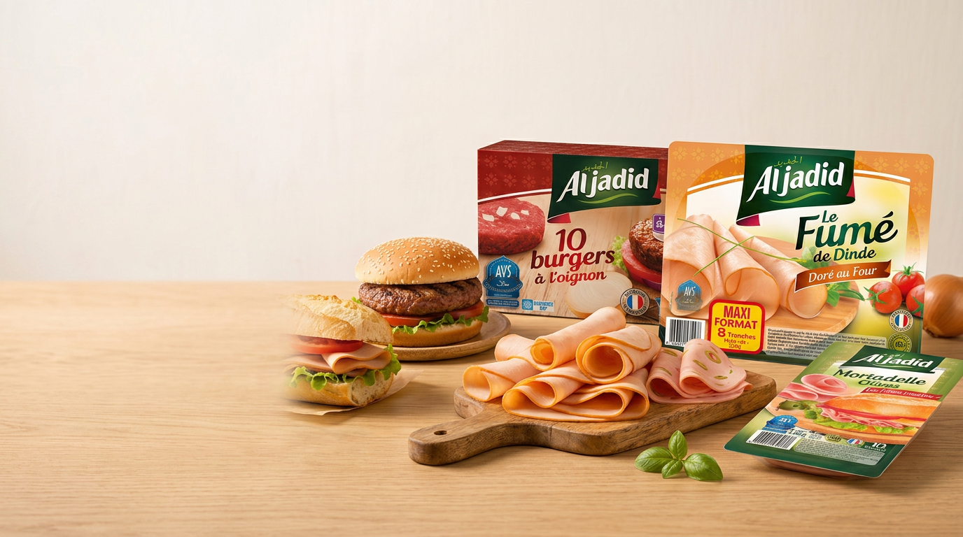 Packagings Al Jadid, tranches de fumé de dinde, sandwich et burger halal fabriqués en France