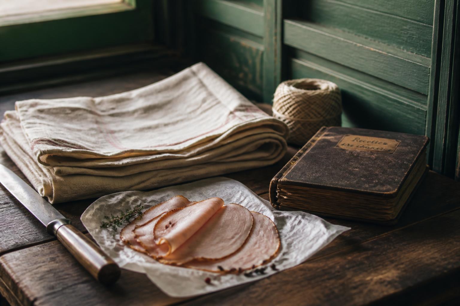 Tablier, couteau et carnet de recettes Al Jadid avec des tranches de fumé de dinde
